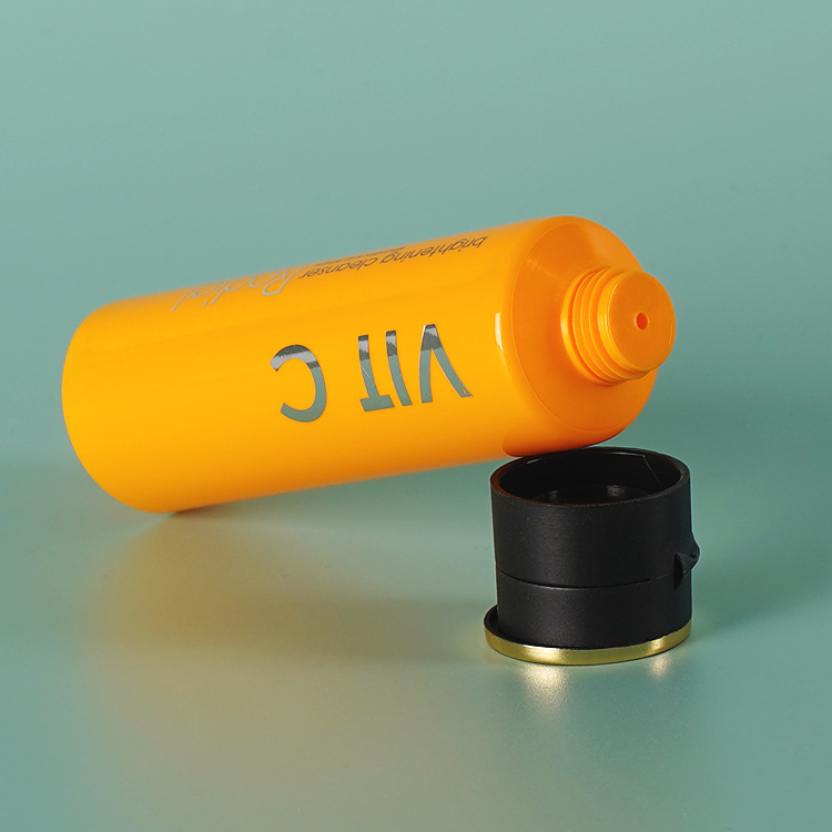 Mini tubo cosmético amarelo de 20 ml, recipiente de loção de estampagem a quente personalizada com tampa articulada